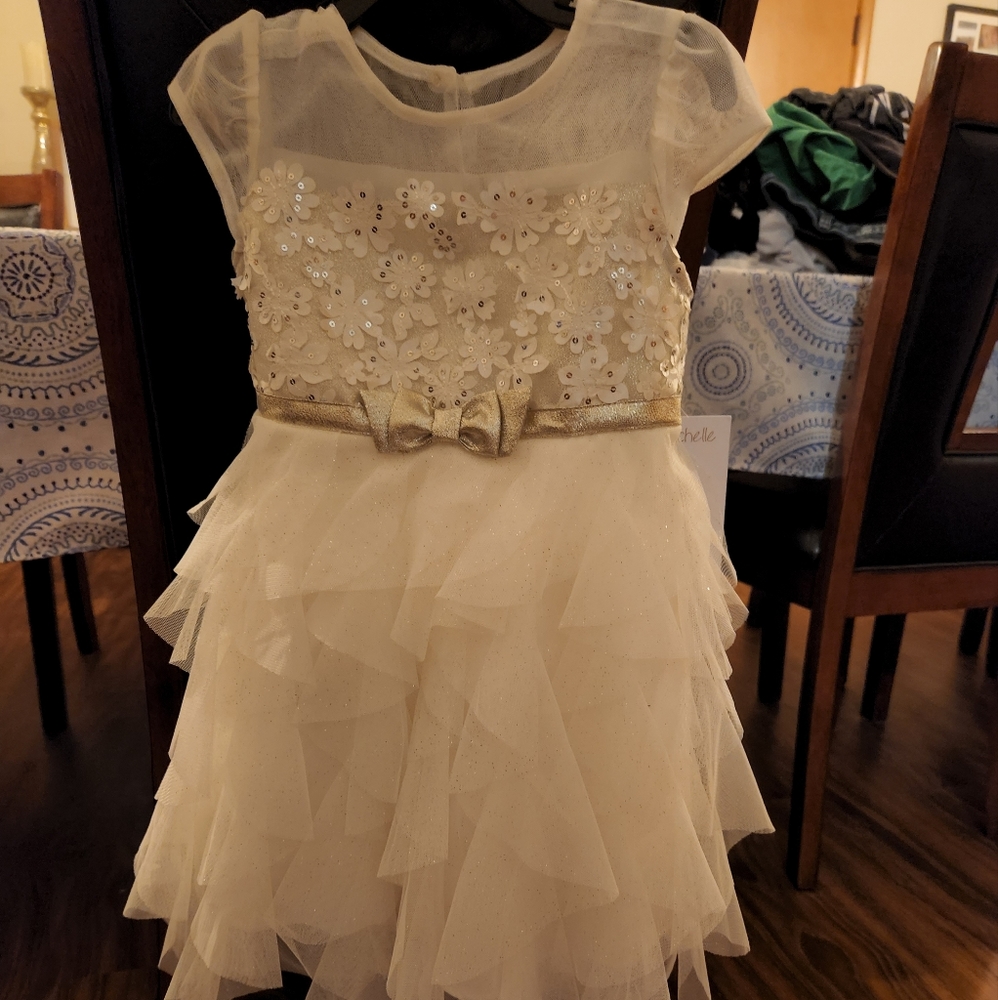 Flower girl, communion little girls dress size 4T, ivory with gold shimmer
